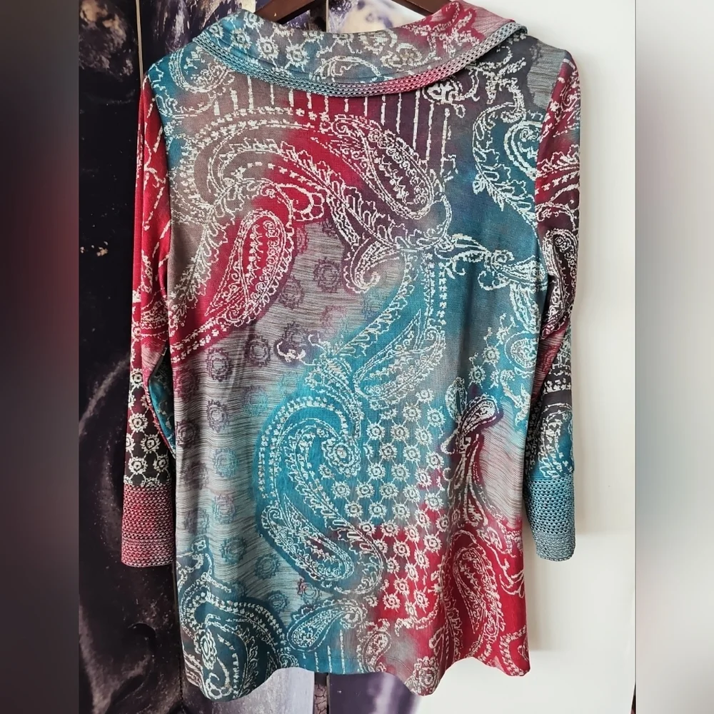 ALI MILES Women's Cowl Neck Soft Rayon Blend Paisley Design‎ Stitch Trim Top S - Picture 6 of 7